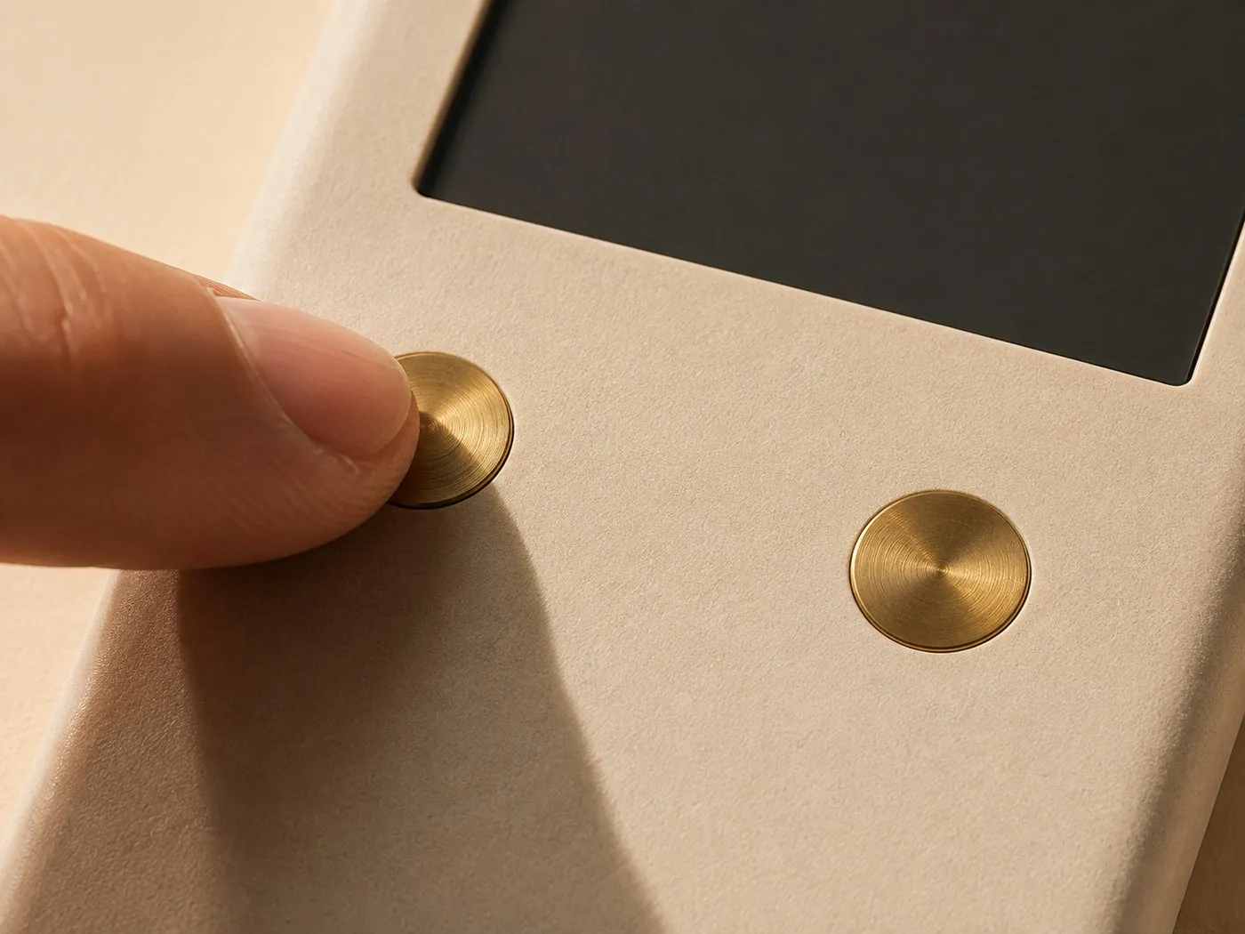 A finger pressing a brass button on the Keyra device