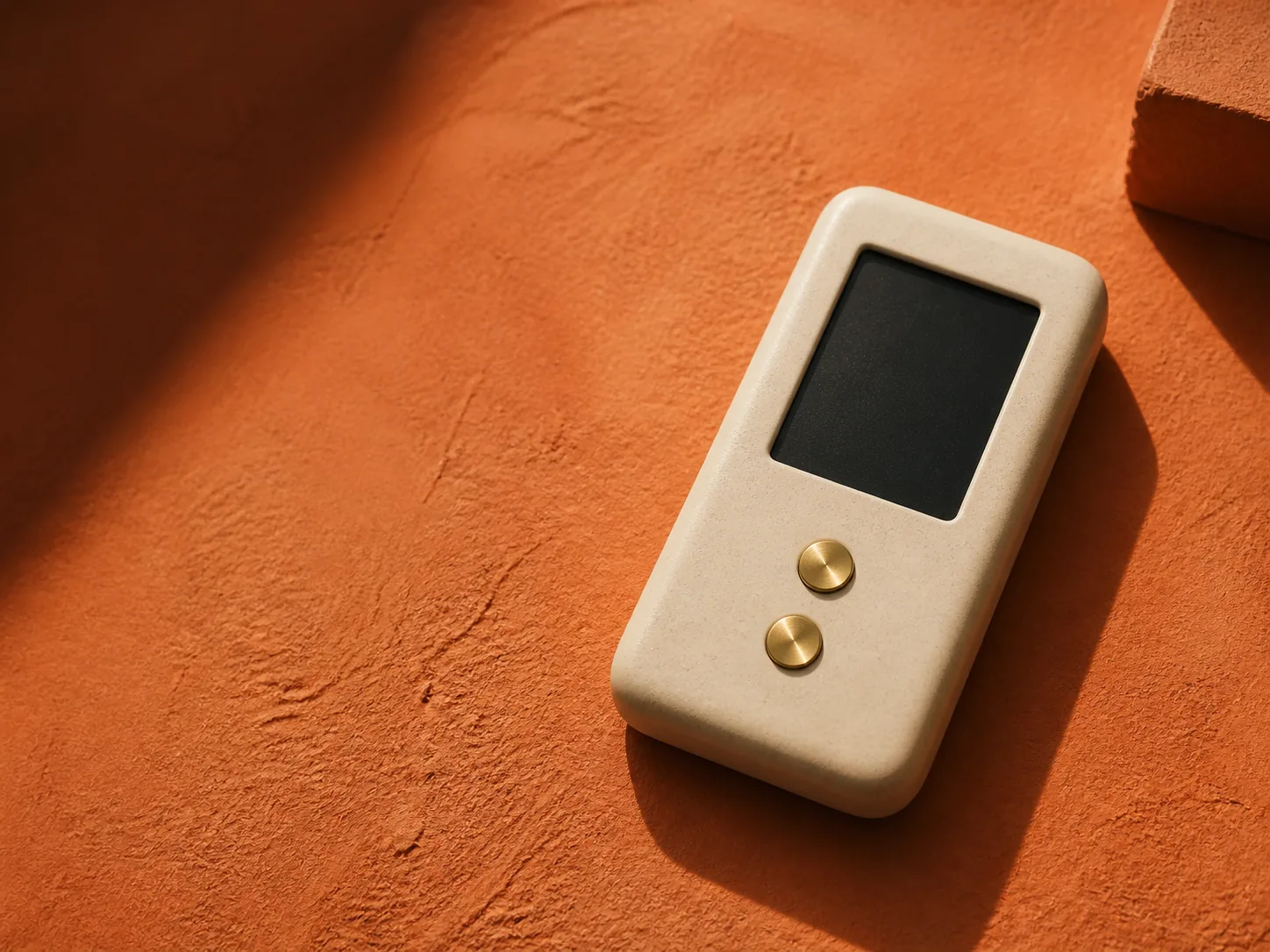 Keyra ceramic cold wallet with brass buttons on a terracotta surface